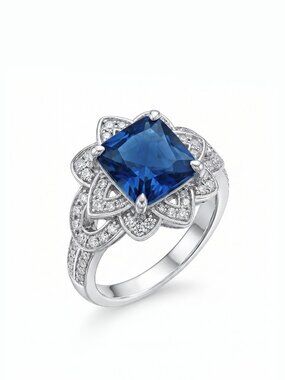 Princess Cut Floral Halo Ring - Blue Sapphire, Liz Halston 925 Sterling Silver